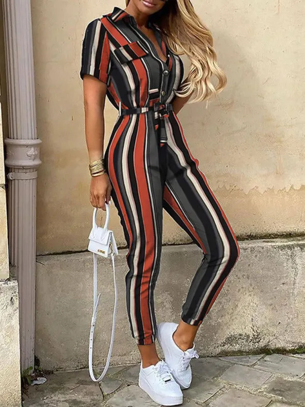 Women's Casual Lapel Cargo Jumpsuit With Button Fastening and Belt