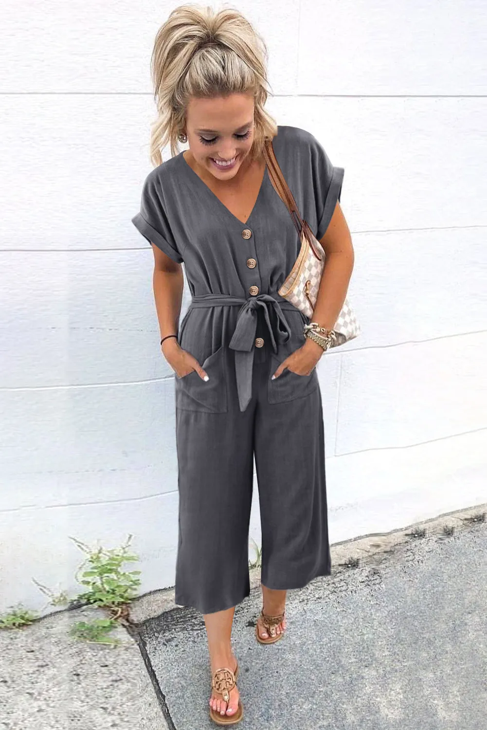 Women's Casual Long Pants Romper V Neck Pocketed Jumpsuit