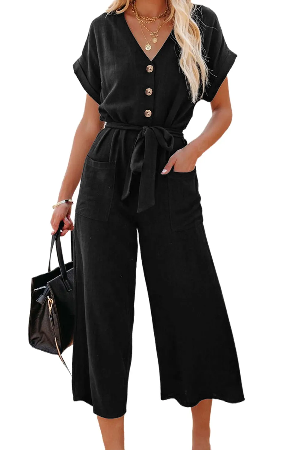 Women's Casual Long Pants Romper V Neck Pocketed Jumpsuit