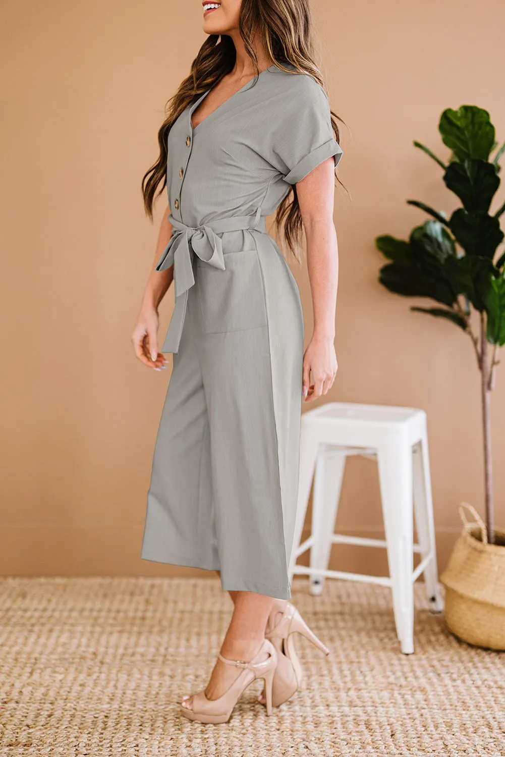 Women's Casual Long Pants Romper V Neck Pocketed Jumpsuit