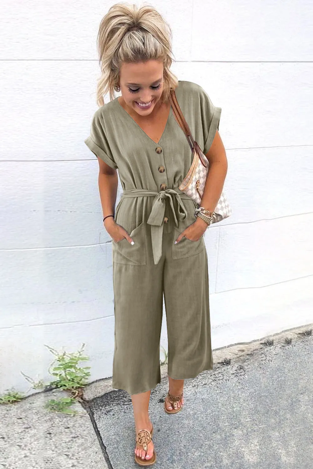 Women's Casual Long Pants Romper V Neck Pocketed Jumpsuit