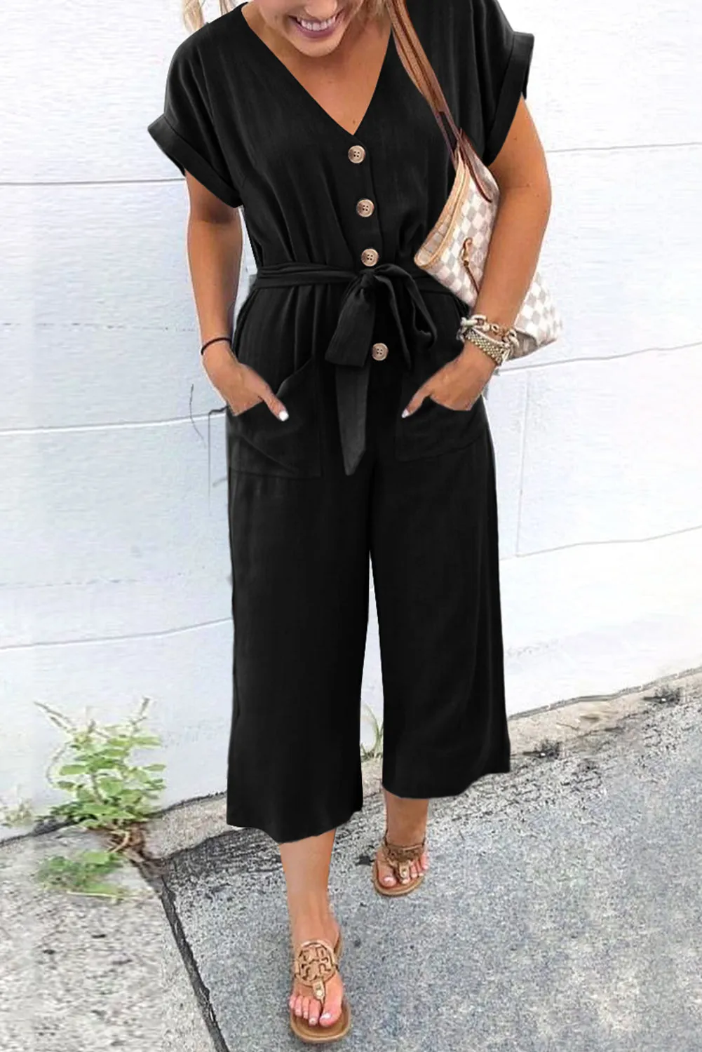 Women's Casual Long Pants Romper V Neck Pocketed Jumpsuit