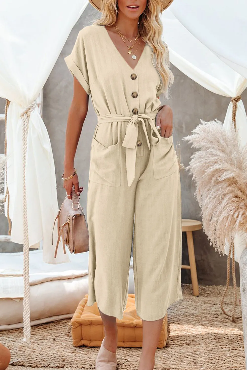 Women's Casual Long Pants Romper V Neck Pocketed Jumpsuit