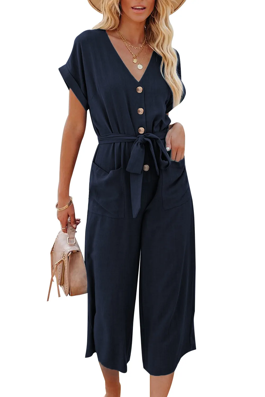 Women's Casual Long Pants Romper V Neck Pocketed Jumpsuit