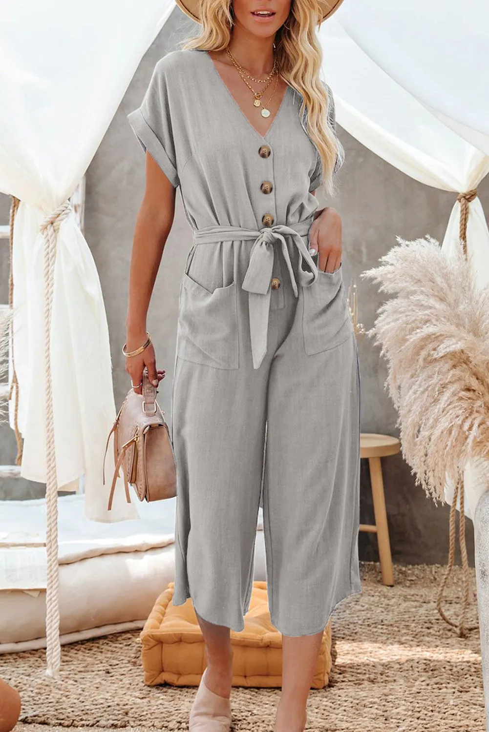 Women's Casual Long Pants Romper V Neck Pocketed Jumpsuit