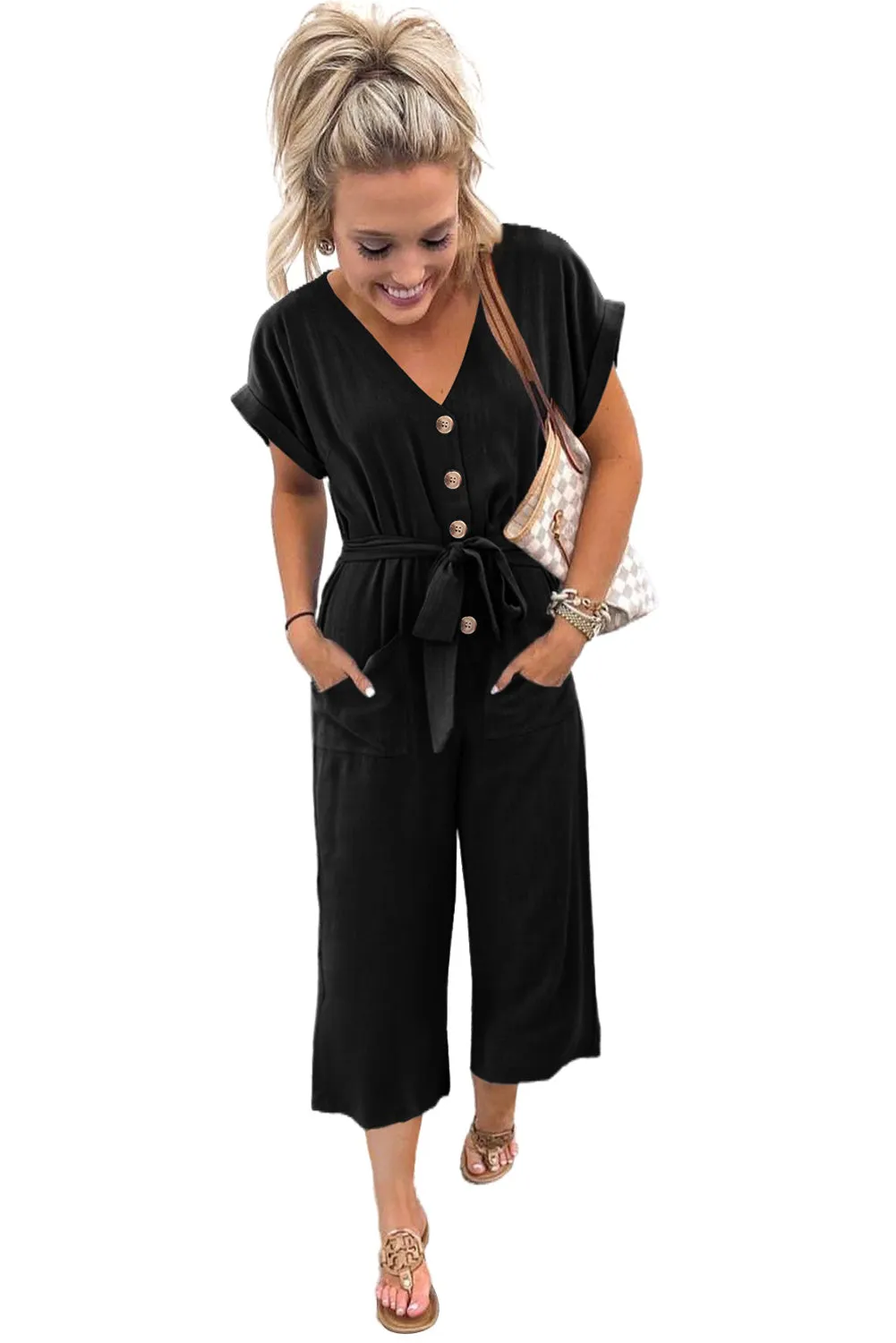 Women's Casual Long Pants Romper V Neck Pocketed Jumpsuit