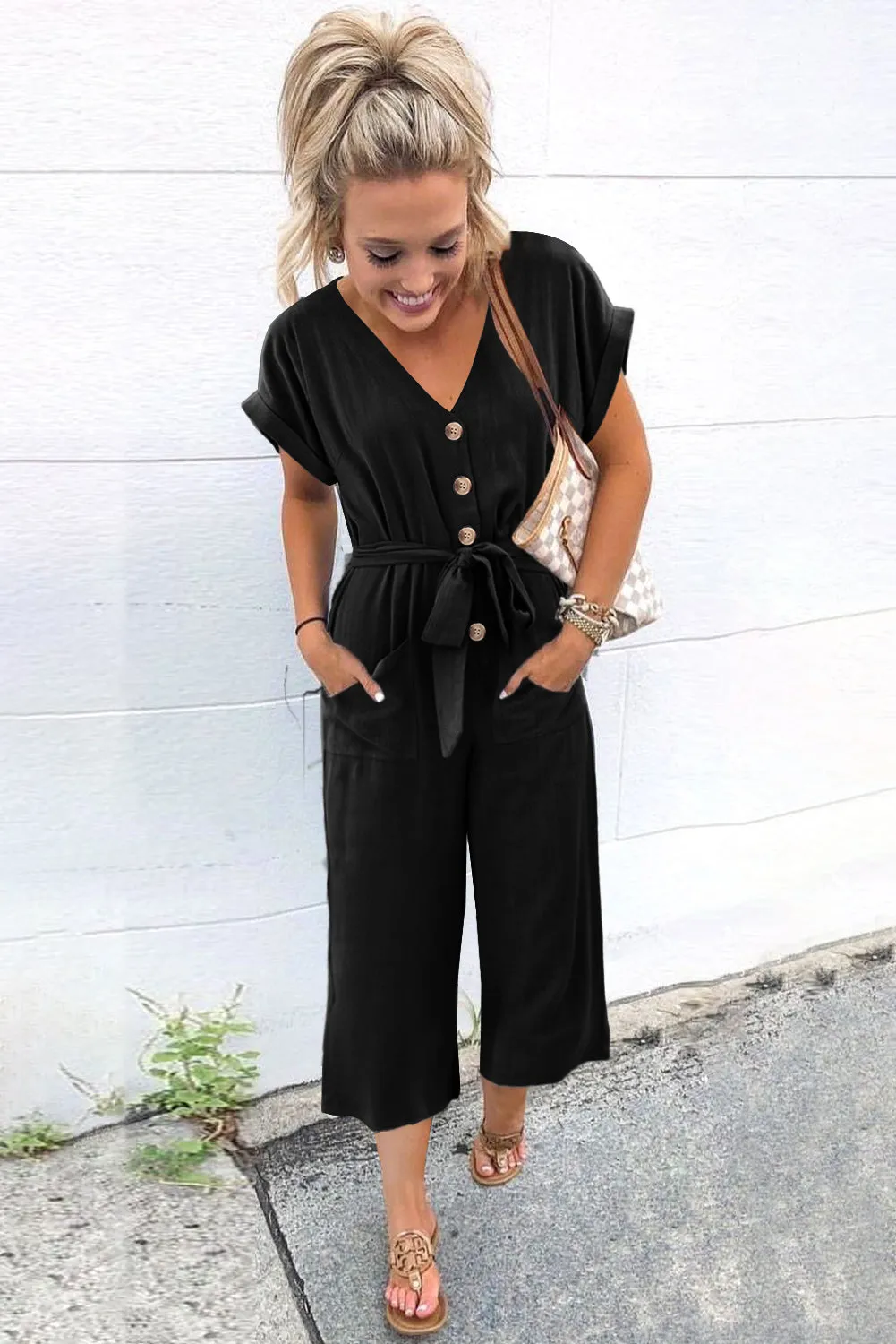 Women's Casual Long Pants Romper V Neck Pocketed Jumpsuit