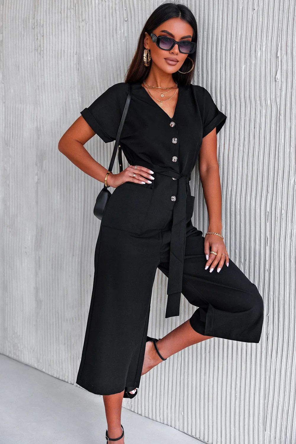 Women's Casual Long Pants Romper V Neck Pocketed Jumpsuit