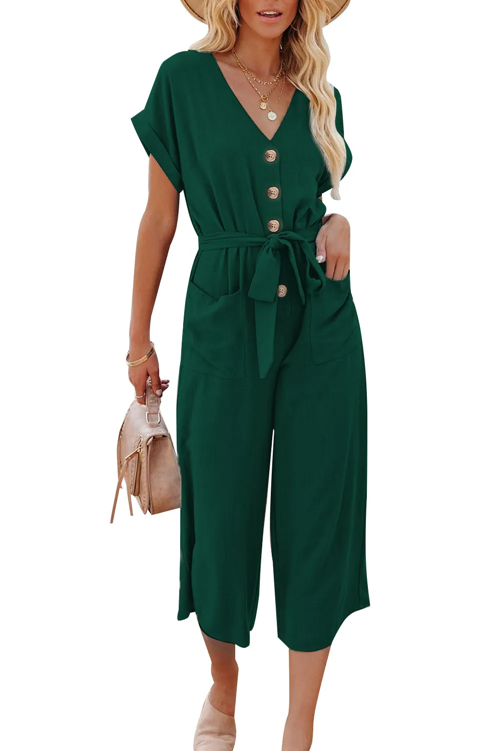 Women's Casual Long Pants Romper V Neck Pocketed Jumpsuit