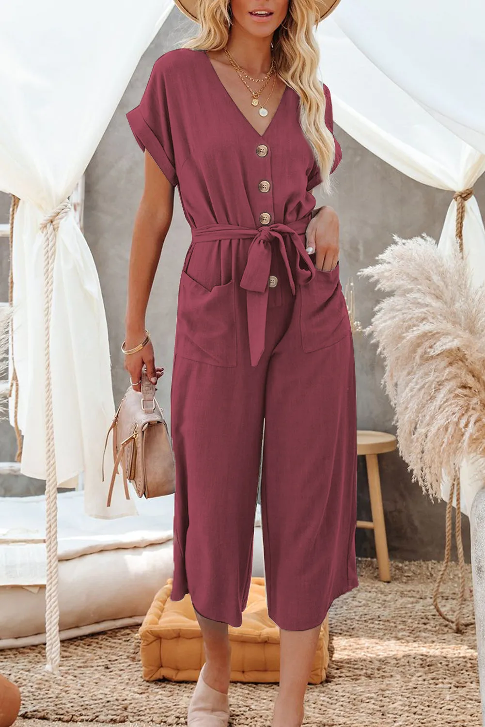 Women's Casual Long Pants Romper V Neck Pocketed Jumpsuit