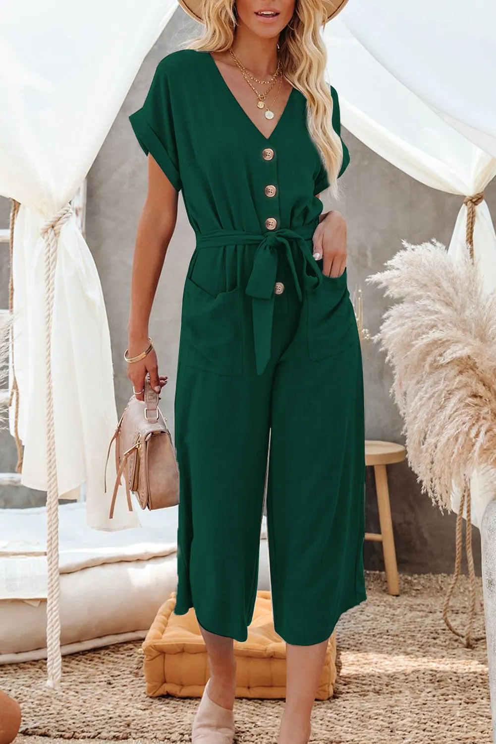 Women's Casual Long Pants Romper V Neck Pocketed Jumpsuit