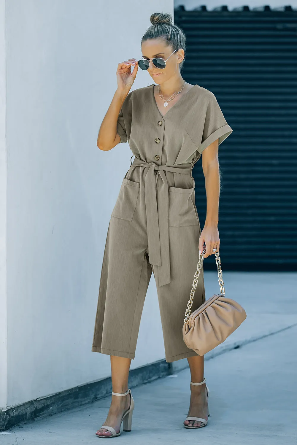 Women's Casual Long Pants Romper V Neck Pocketed Jumpsuit