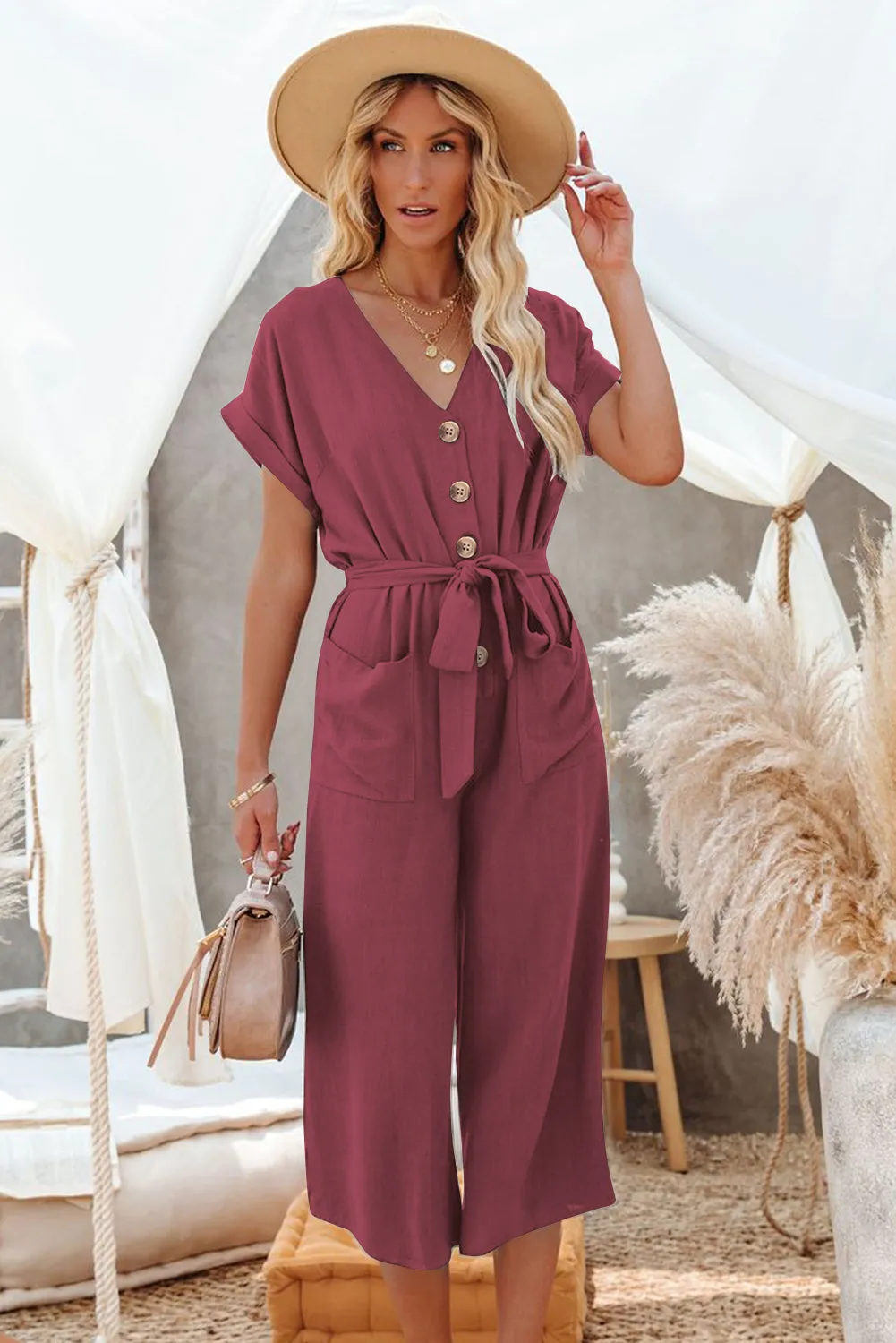 Women's Casual Long Pants Romper V Neck Pocketed Jumpsuit