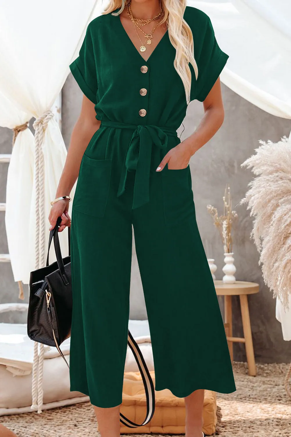 Women's Casual Long Pants Romper V Neck Pocketed Jumpsuit