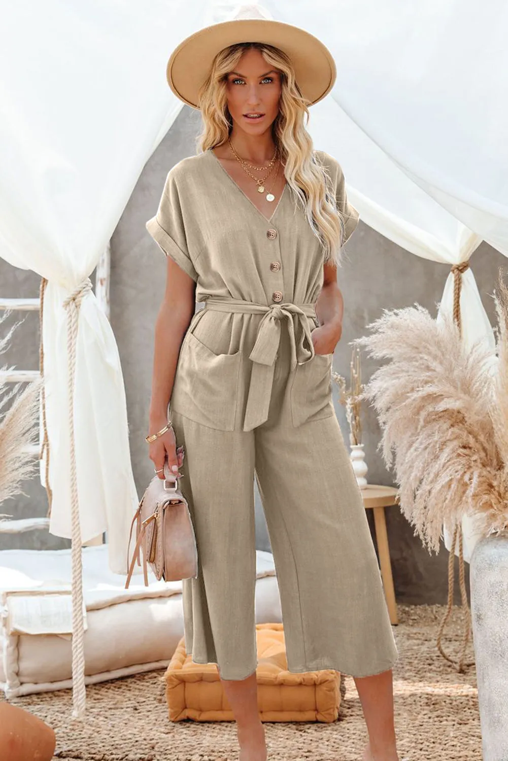 Women's Casual Long Pants Romper V Neck Pocketed Jumpsuit