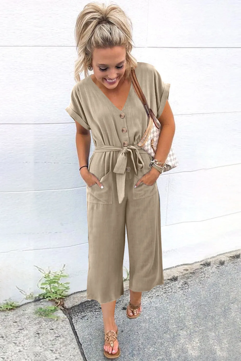 Women's Casual Long Pants Romper V Neck Pocketed Jumpsuit