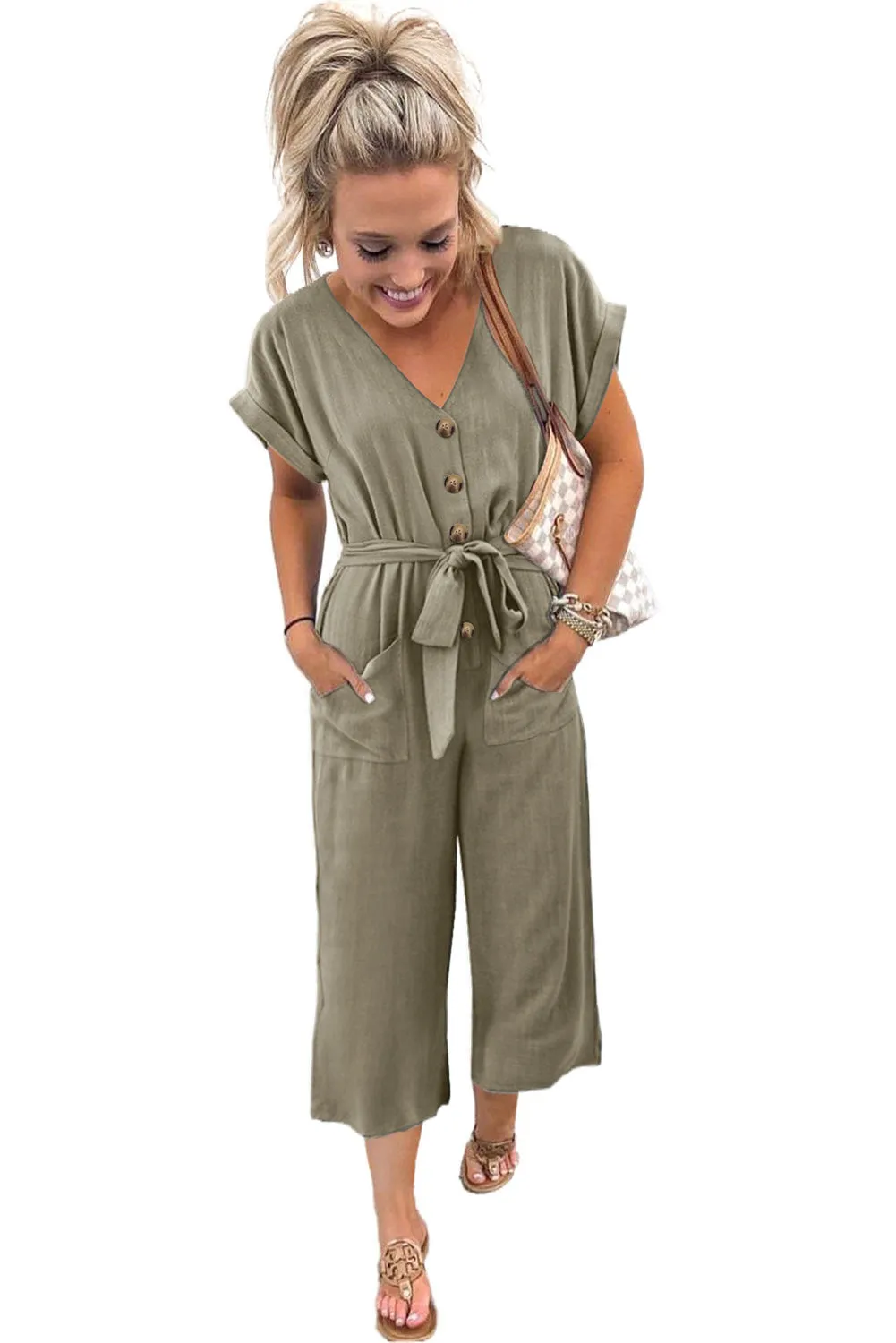 Women's Casual Long Pants Romper V Neck Pocketed Jumpsuit