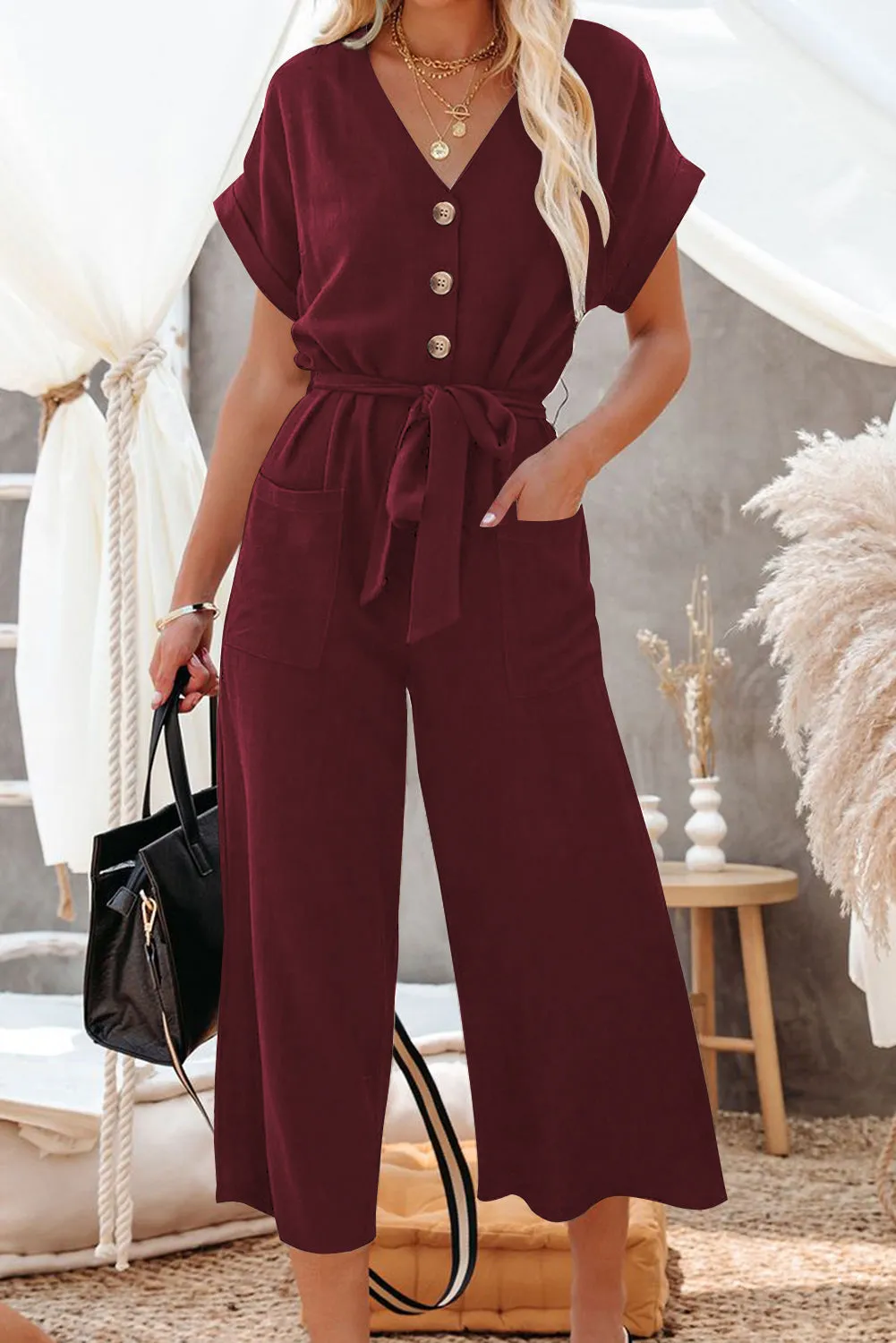 Women's Casual Long Pants Romper V Neck Pocketed Jumpsuit