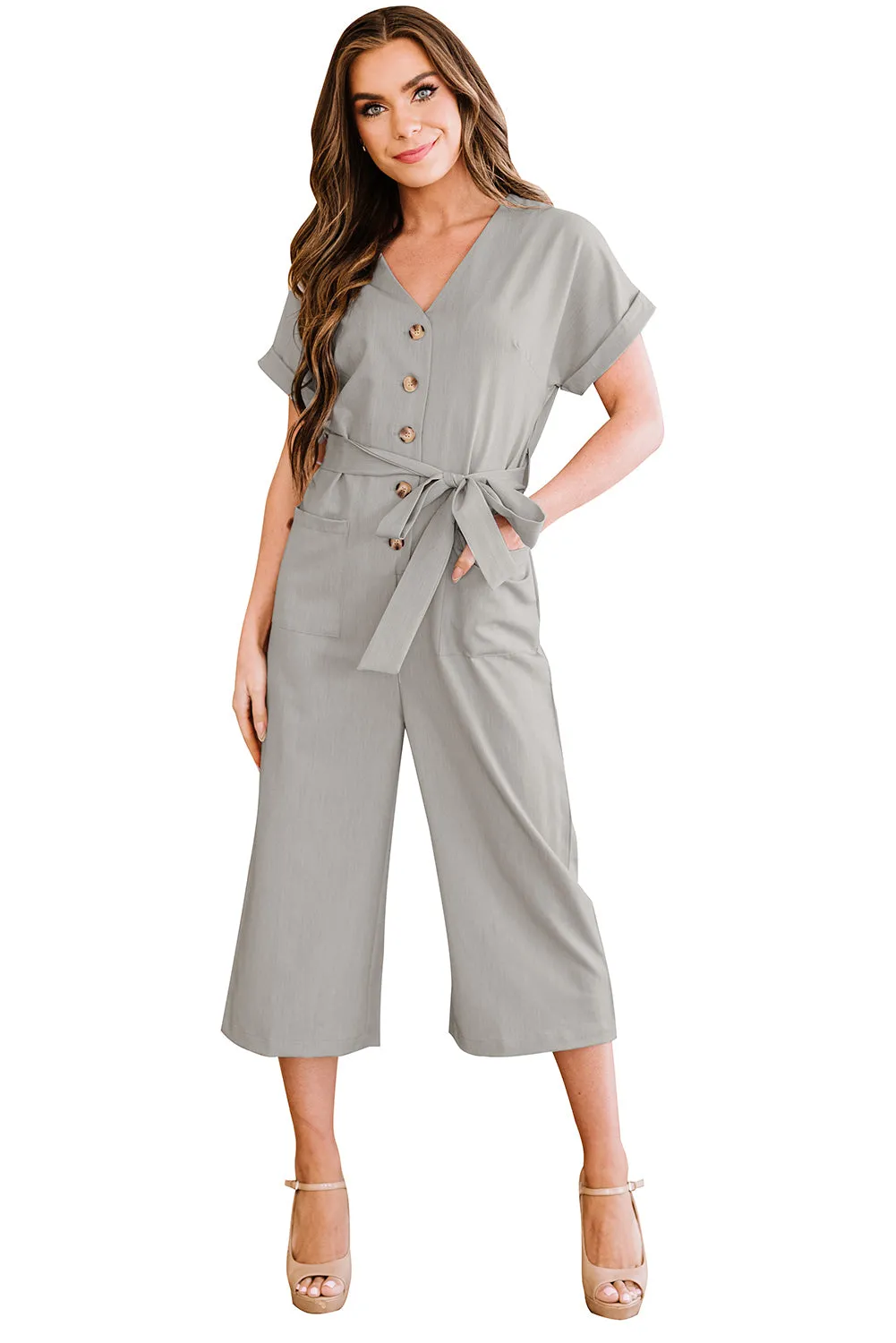 Women's Casual Long Pants Romper V Neck Pocketed Jumpsuit