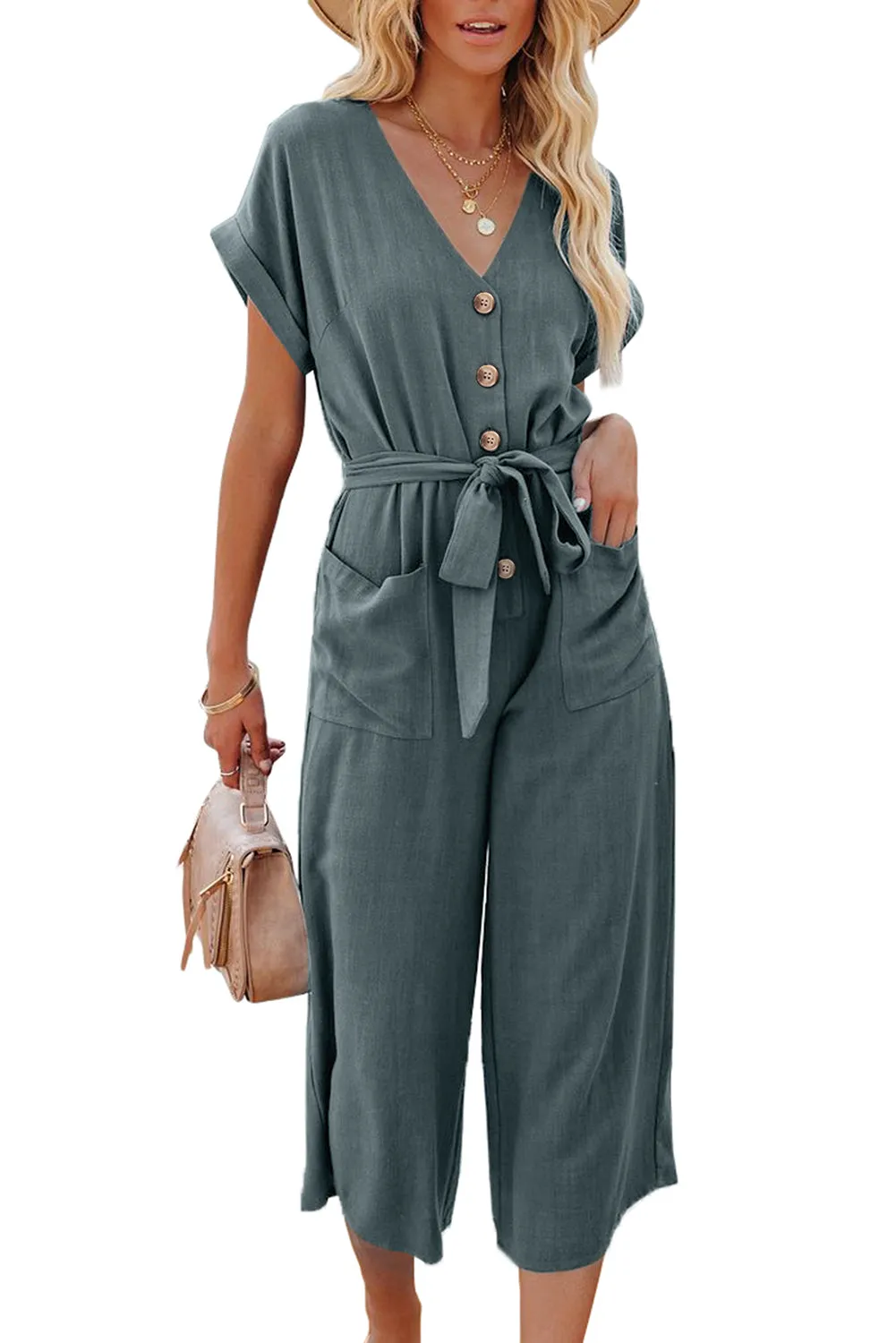 Women's Casual Long Pants Romper V Neck Pocketed Jumpsuit