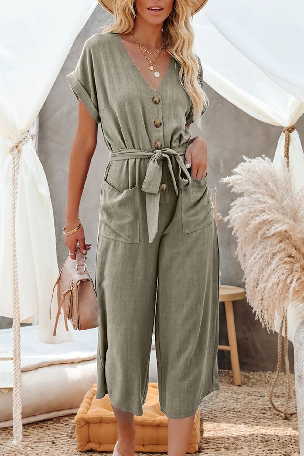 Women's Casual Long Pants Romper V Neck Pocketed Jumpsuit