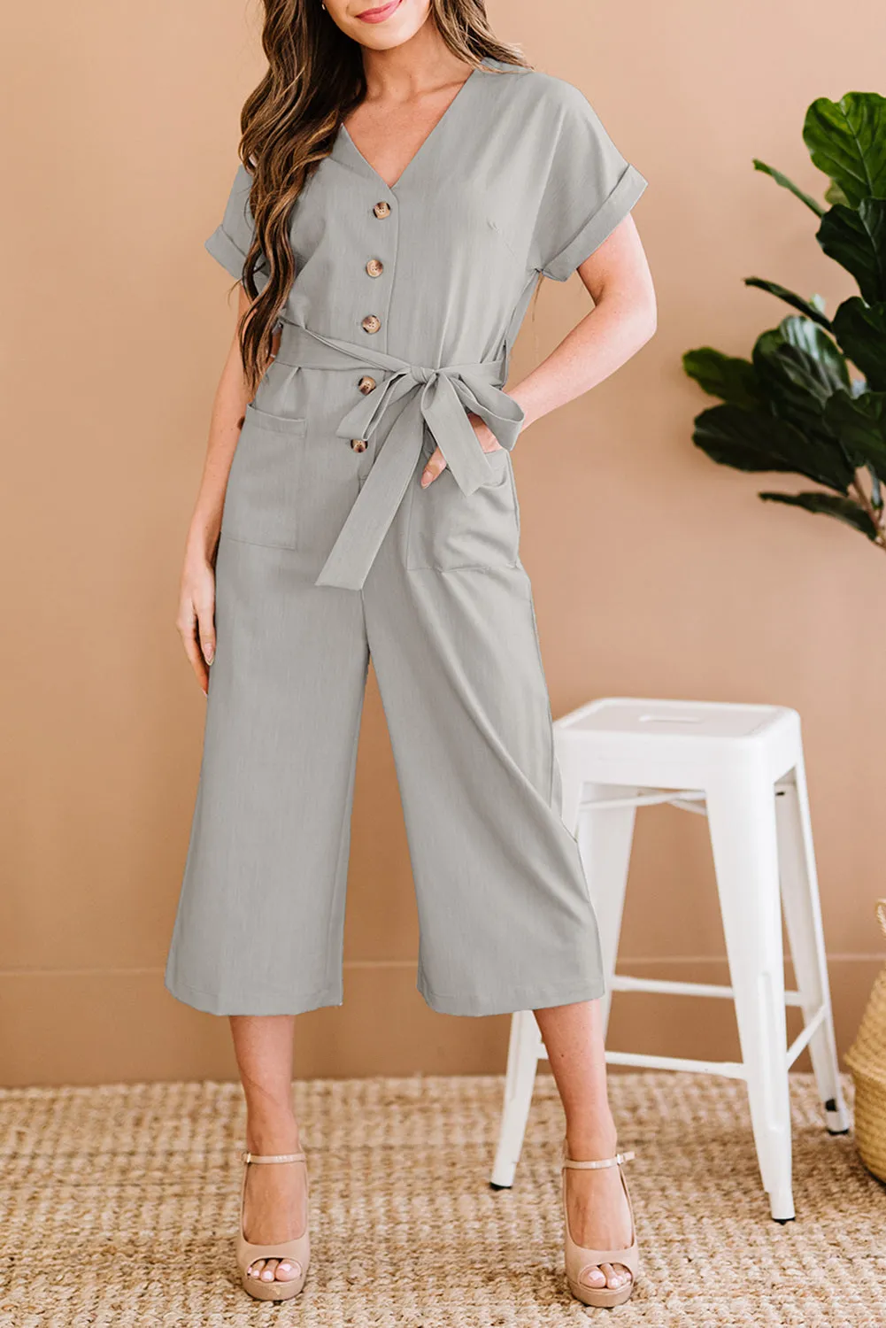 Women's Casual Long Pants Romper V Neck Pocketed Jumpsuit