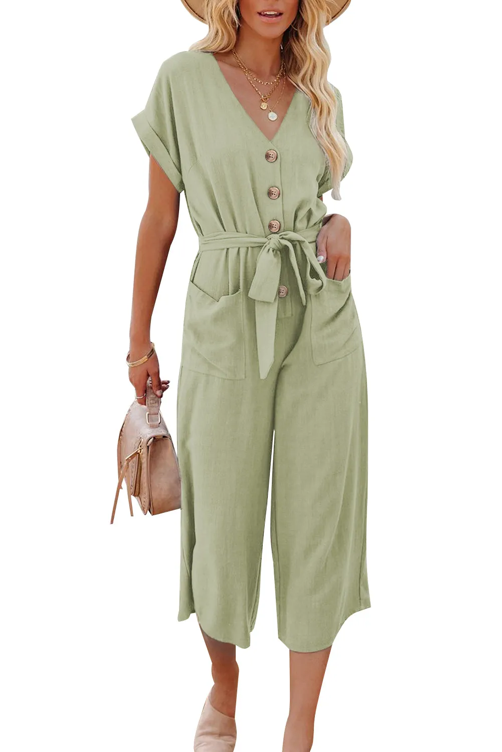 Women's Casual Long Pants Romper V Neck Pocketed Jumpsuit