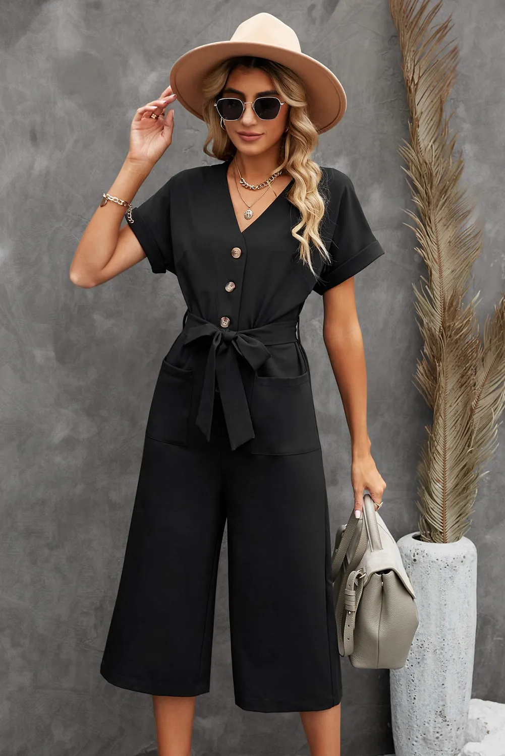 Women's Casual Long Pants Romper V Neck Pocketed Jumpsuit