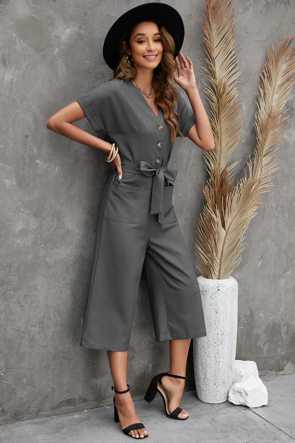 Women's Casual Long Pants Romper V Neck Pocketed Jumpsuit