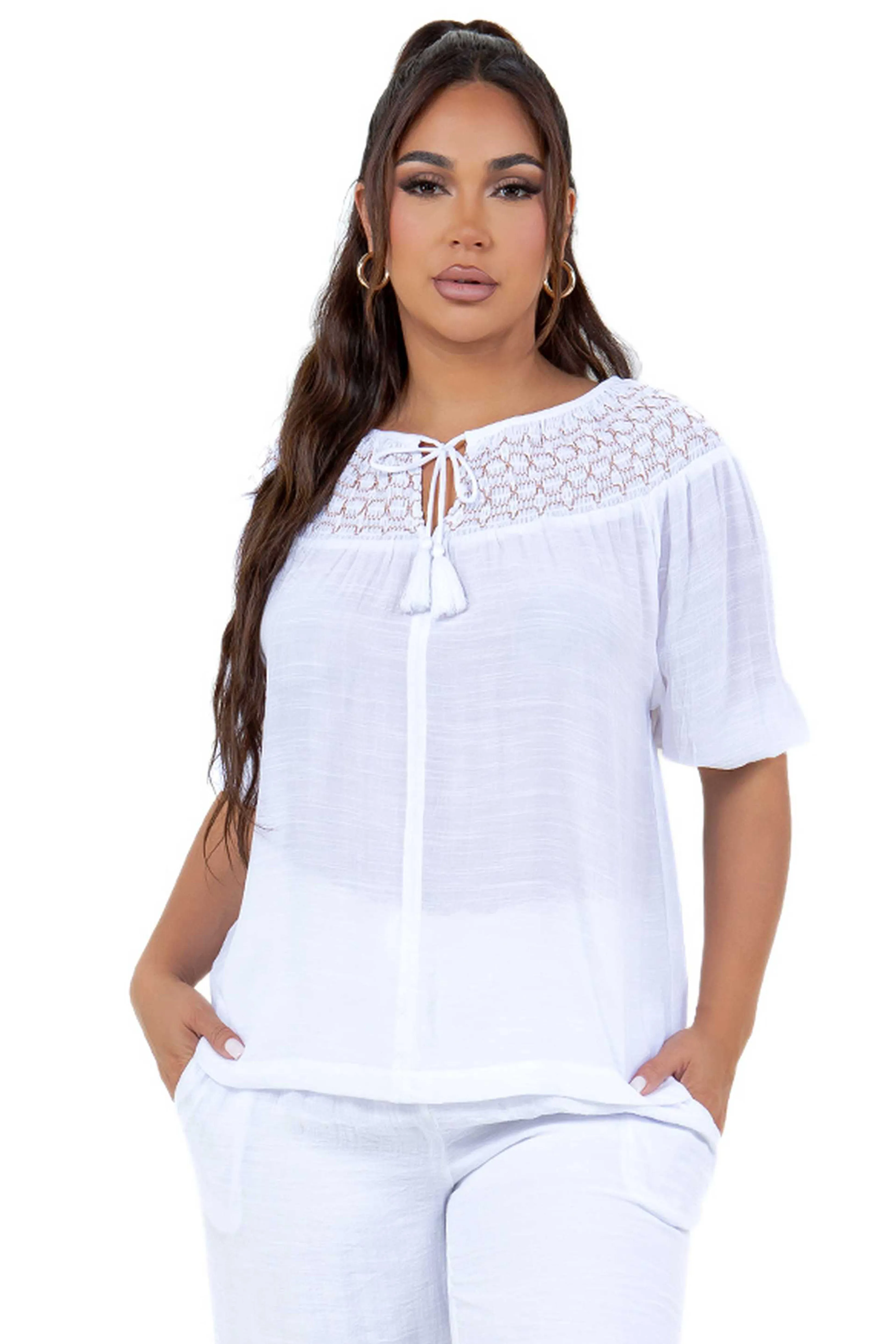 Women's Casual Resort Wear Scoop Neck Embroidered Trim 3/4 Sleeve Tunic Top with Tassel Drawstrings