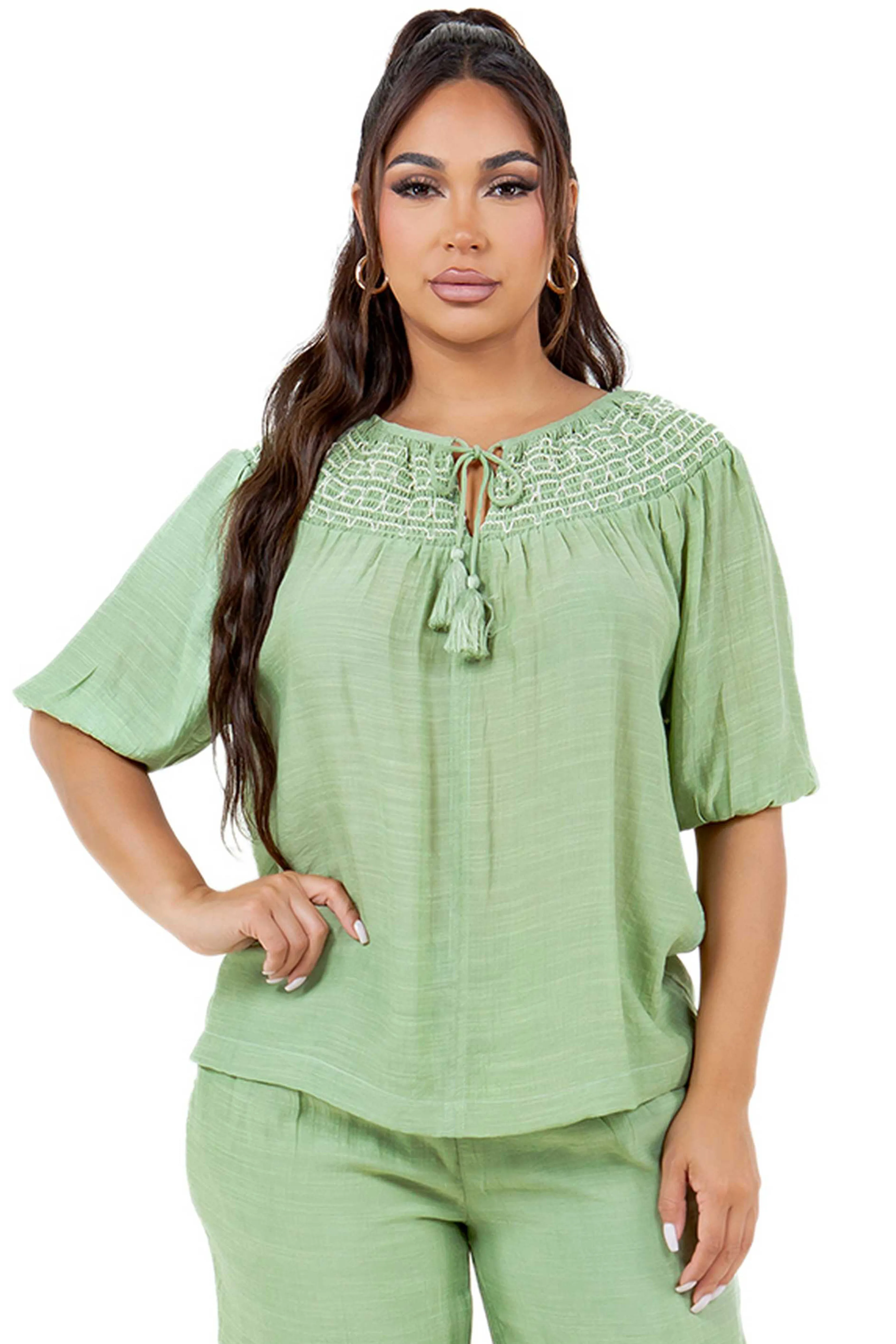 Women's Casual Resort Wear Scoop Neck Embroidered Trim 3/4 Sleeve Tunic Top with Tassel Drawstrings