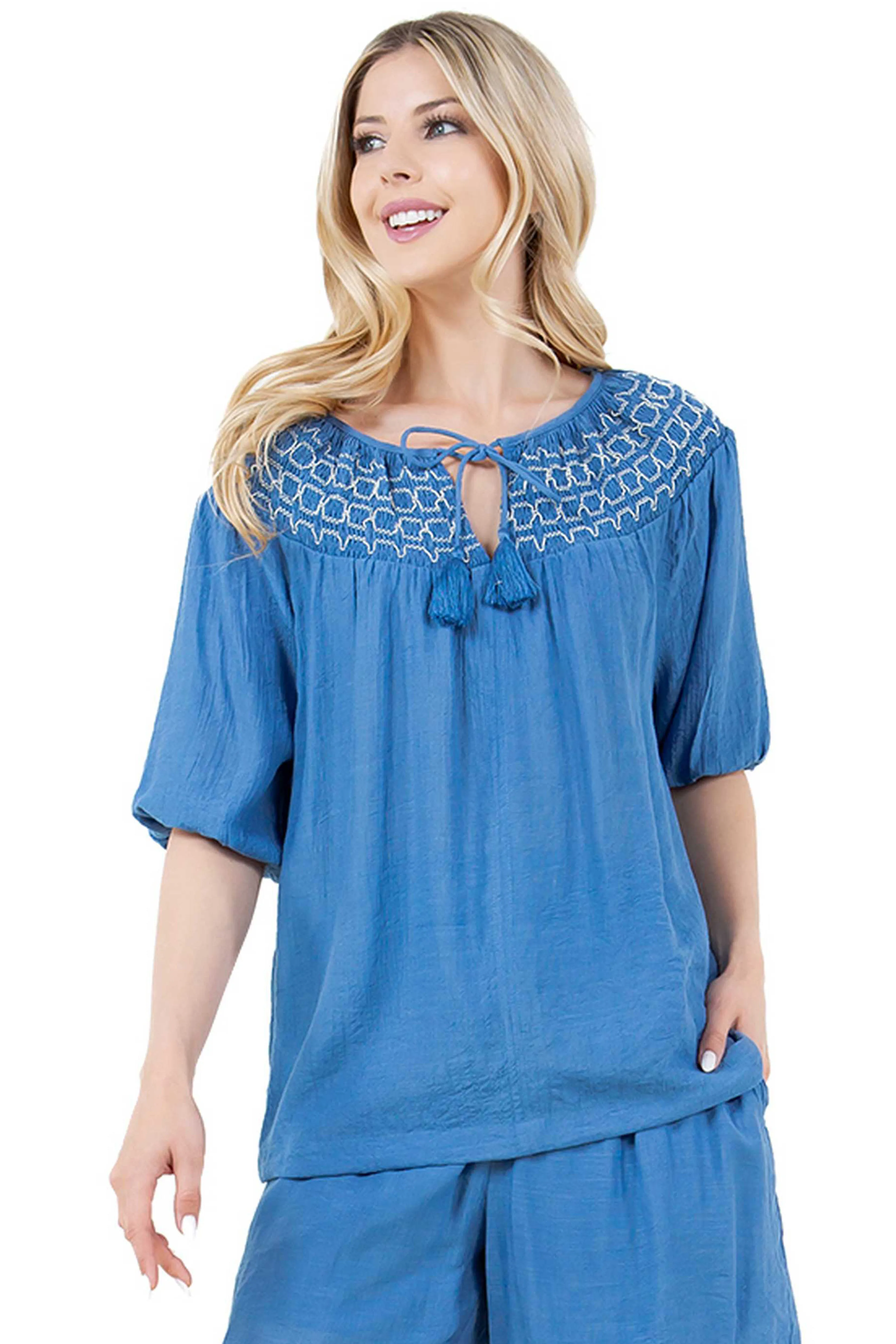 Women's Casual Resort Wear Scoop Neck Embroidered Trim 3/4 Sleeve Tunic Top with Tassel Drawstrings