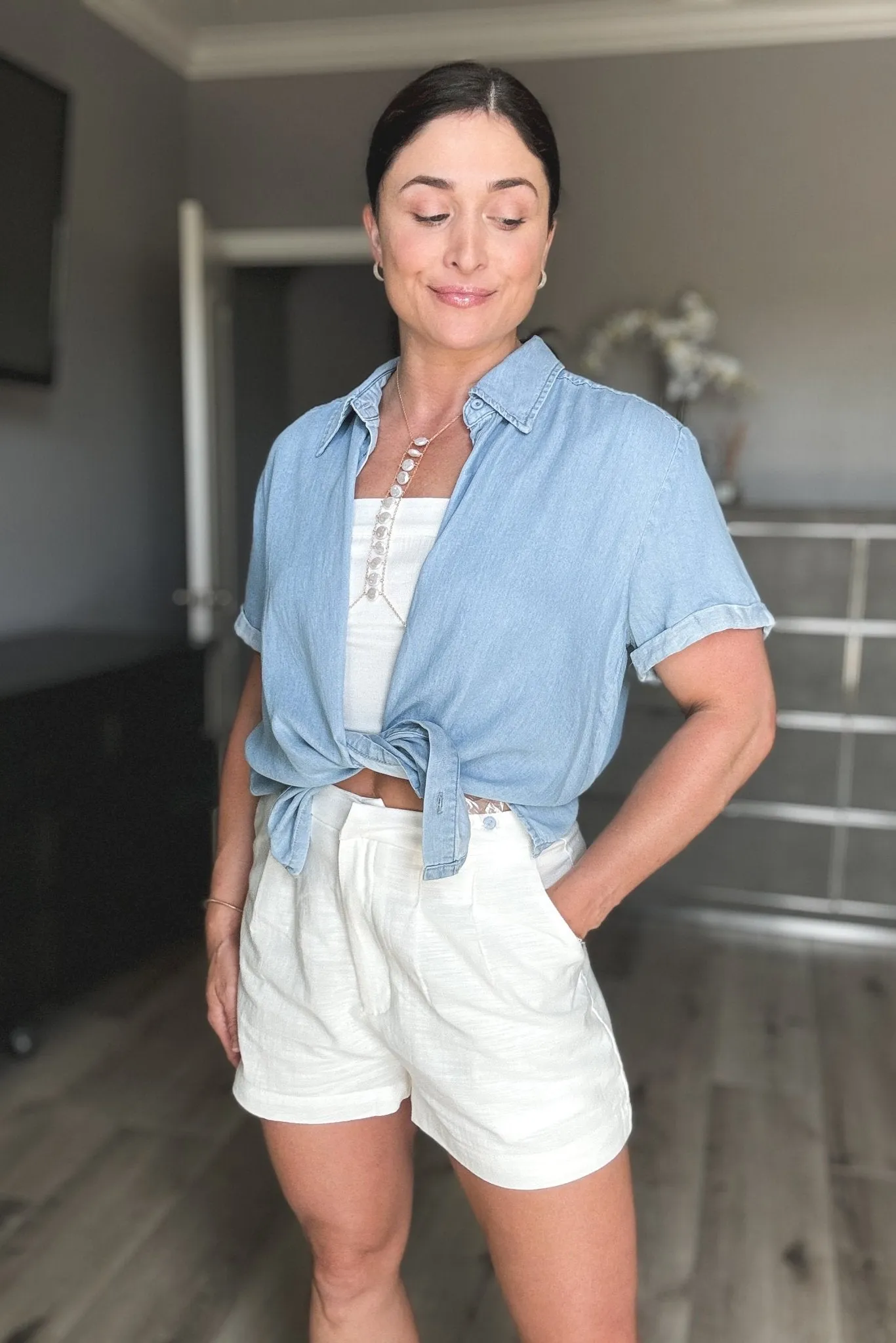 Women's Chambray Button Down Short Sleeve Top | Light Wash Denim