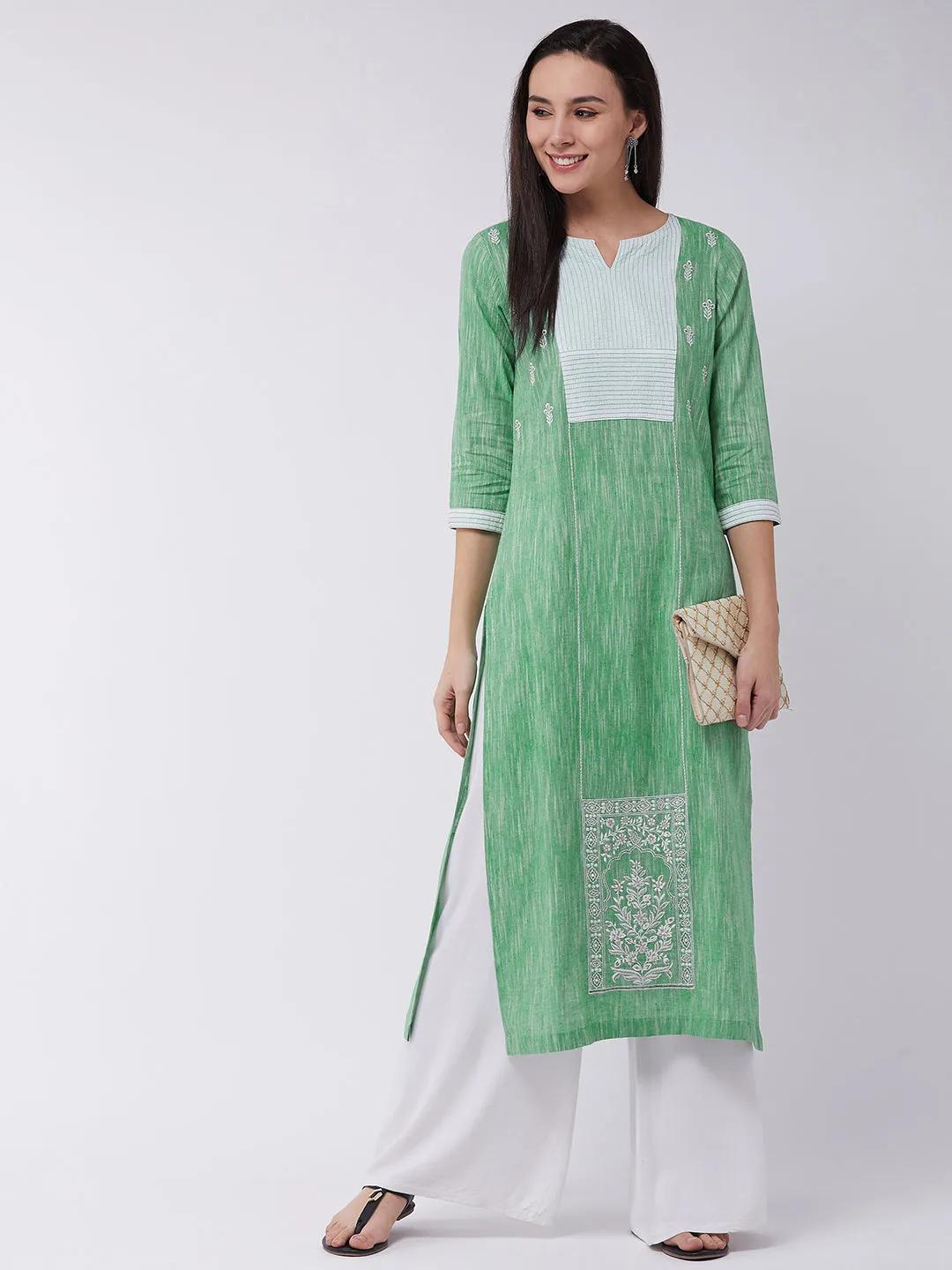 Women's Chambray Embroidered Kurta With Contrast Yoke