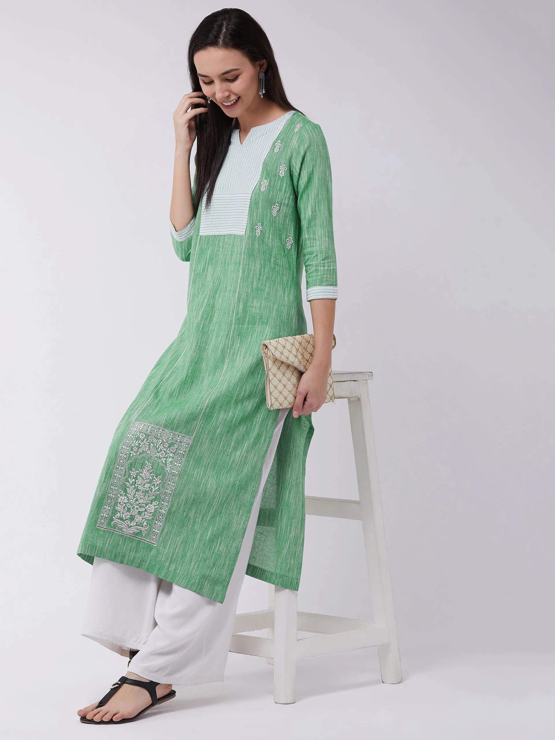 Women's Chambray Embroidered Kurta With Contrast Yoke