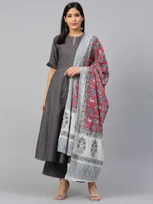 Women'S Charcoal Grey Solid Kurta With Palazzos & Dupatta