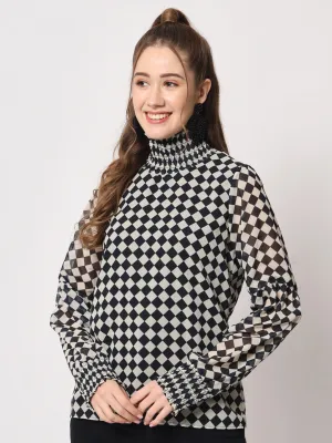 Women's Checked High Neck Georgette Black Top