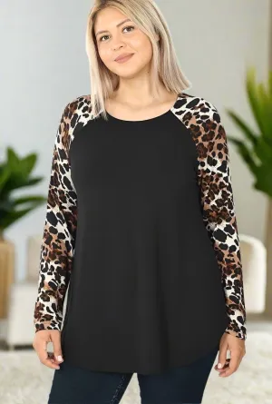 Womens Cheetah Sleeve Top, Long Sleeve Fall Raglan Shirt, Plus Sizes 1xl/2xl/3xl, Black/Brown