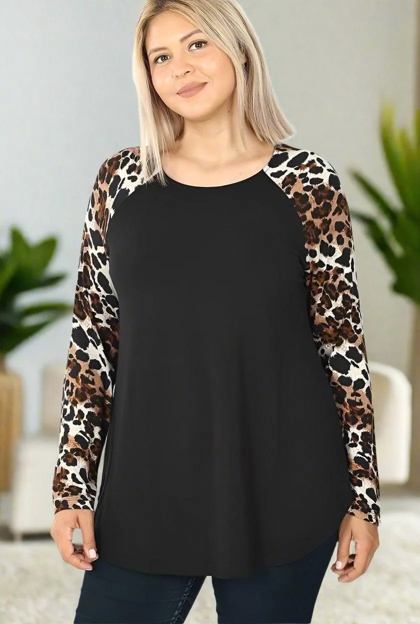 Womens Cheetah Sleeve Top, Long Sleeve Fall Raglan Shirt, Plus Sizes 1xl/2xl/3xl, Black/Brown