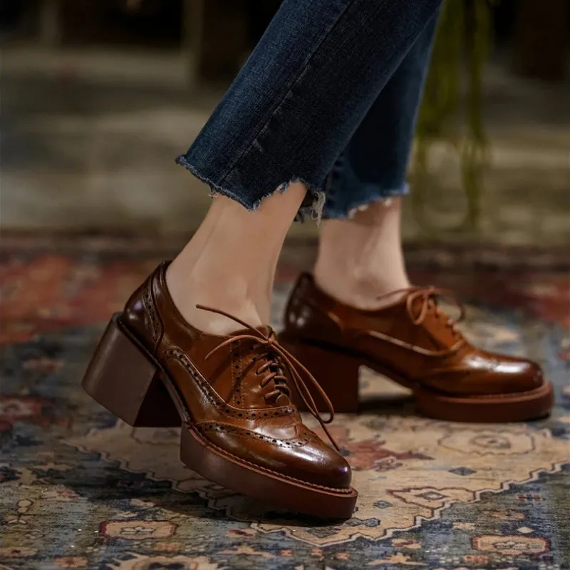 Women's Classic Oxford-style Vegan Leather with Thick Heels Shoes