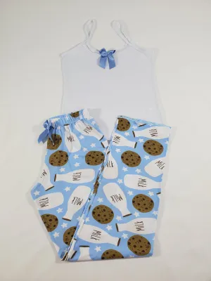 Women's Classic pajama set blue pants milk and cookies theme white blouse