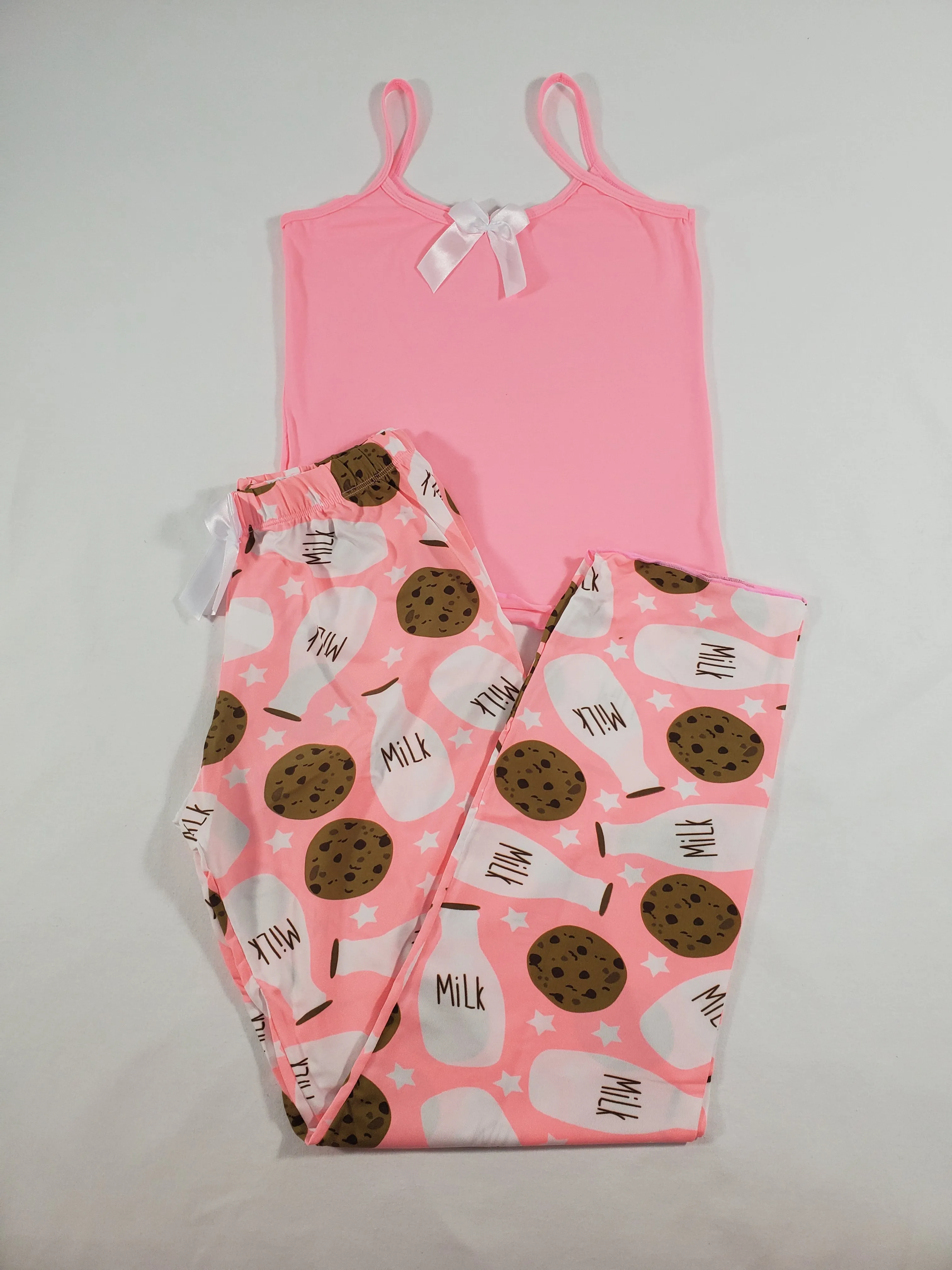 Women's Classic pajama set pink pants milk and cookies theme pink blouse