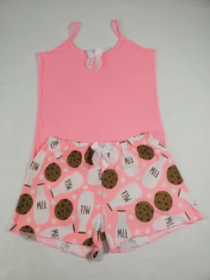 Women's Classic pajama set XL pink shorts milk and cookies theme pink blouse