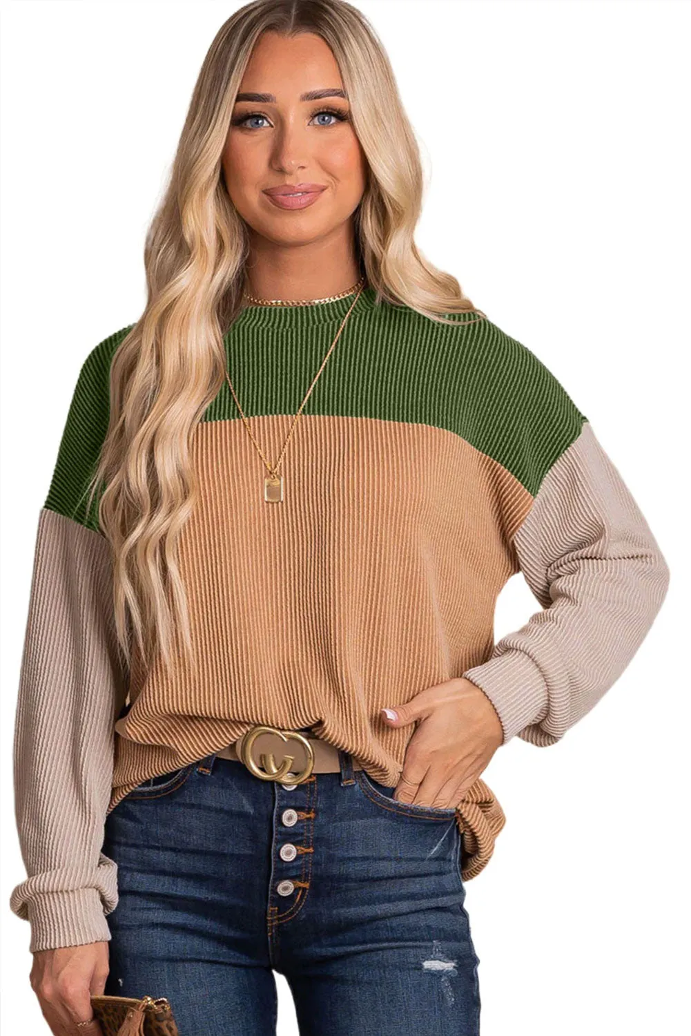 Women's Color Block Long Sleeve Ribbed Loose Top