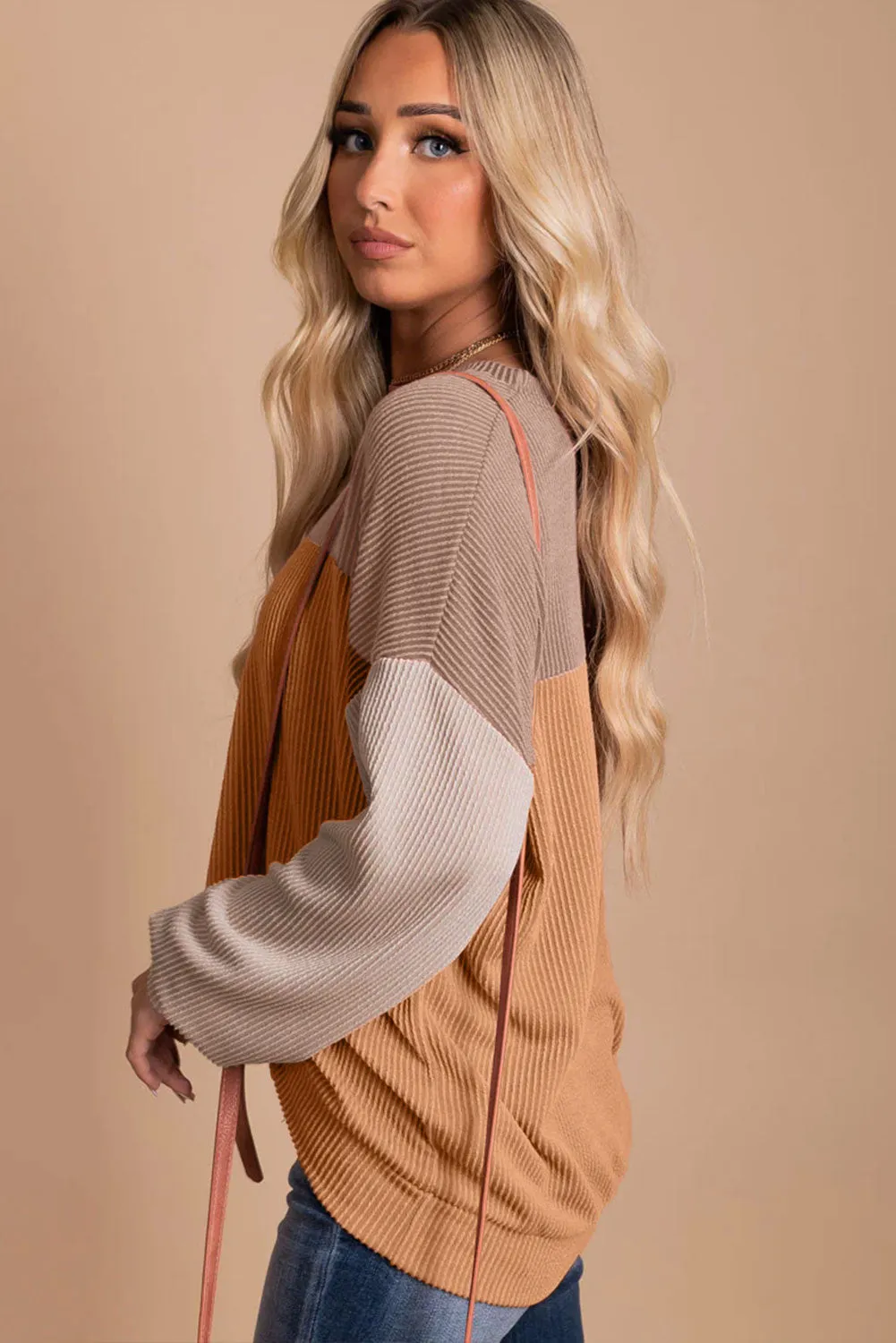 Women's Color Block Long Sleeve Ribbed Loose Top