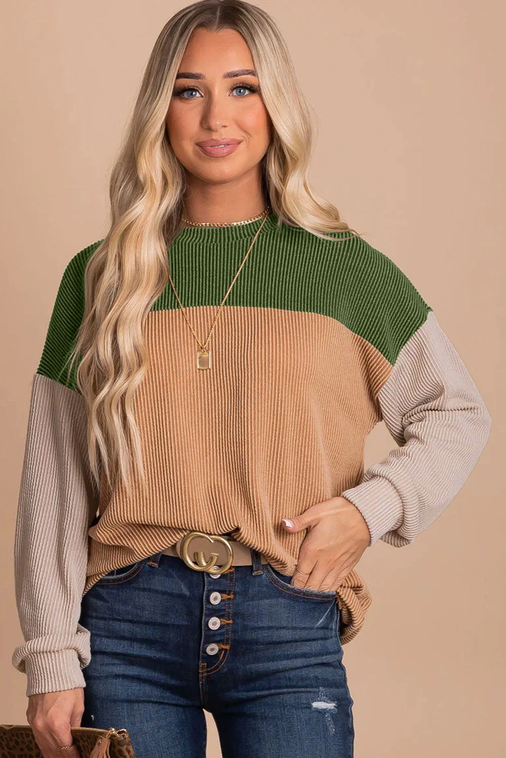 Women's Color Block Long Sleeve Ribbed Loose Top