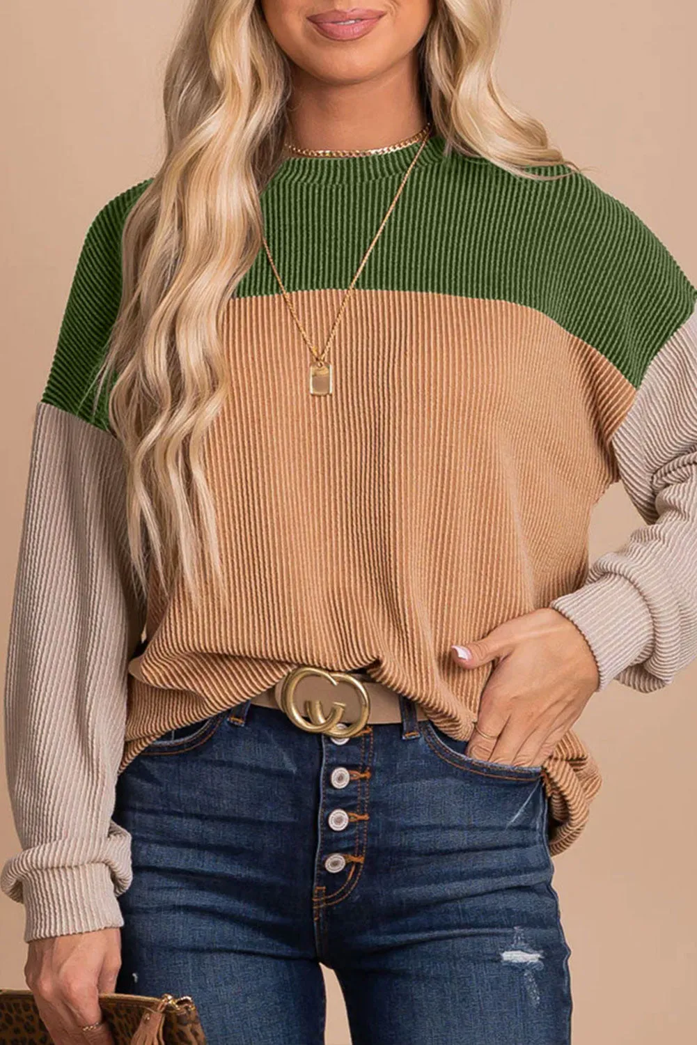 Women's Color Block Long Sleeve Ribbed Loose Top