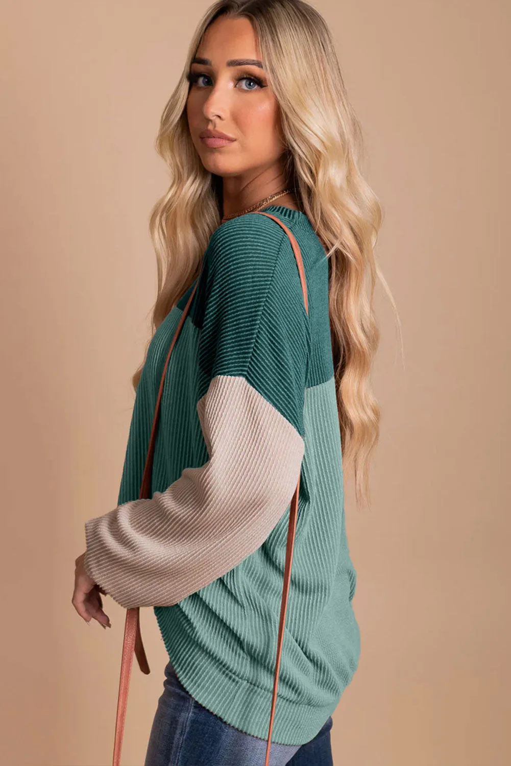 Women's Color Block Long Sleeve Ribbed Loose Top