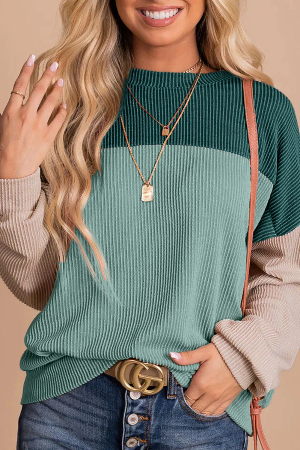 Women's Color Block Long Sleeve Ribbed Loose Top