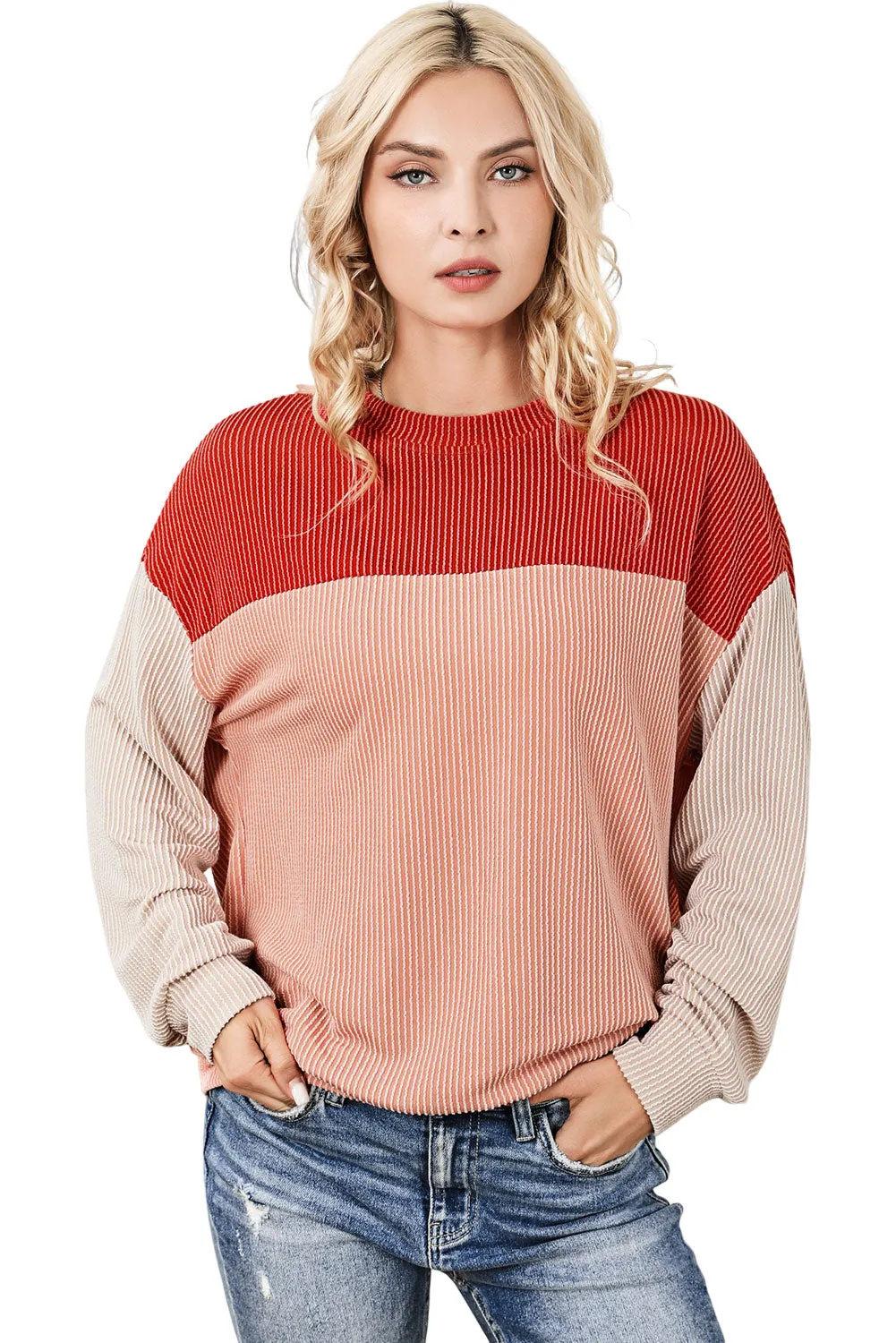 Women's Color Block Long Sleeve Ribbed Loose Top